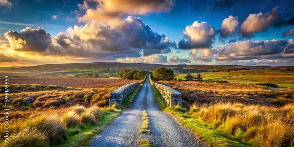 Obraz premium Minimalist Moorland Bridge & Country Road: Serene Landscape Photography