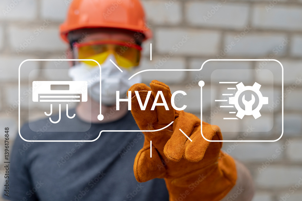 Engineer using virtual touch screen presses text: HVAC. Concept of HVAC or Heating Ventilation Air Conditioning. HVAC engineering.