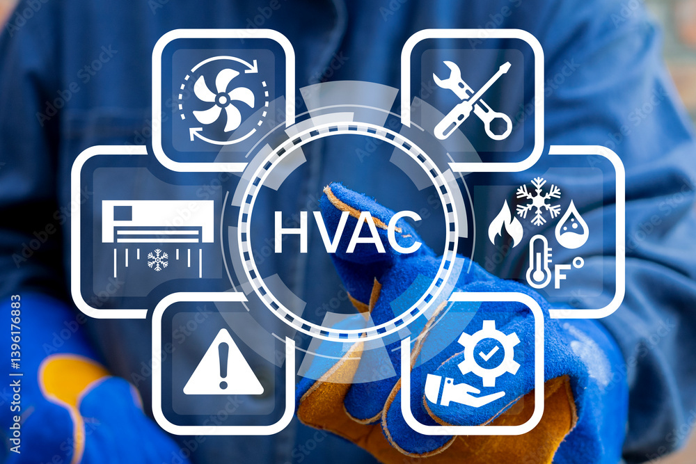Worker using virtual touch screen push button with text: HVAC. Concept of HVAC or Heating Ventilation Air Conditioning. Use of various technologies to control temperature, humidity and purity air.