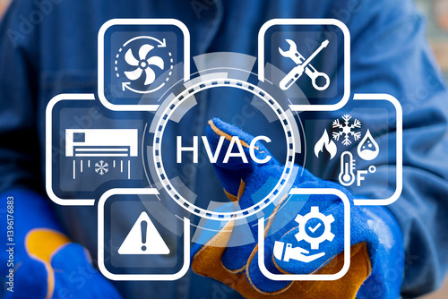 Obraz na płótnie Worker using virtual touch screen push button with text: HVAC. Concept of HVAC or Heating Ventilation Air Conditioning. Use of various technologies to control temperature, humidity and purity air. w salonie