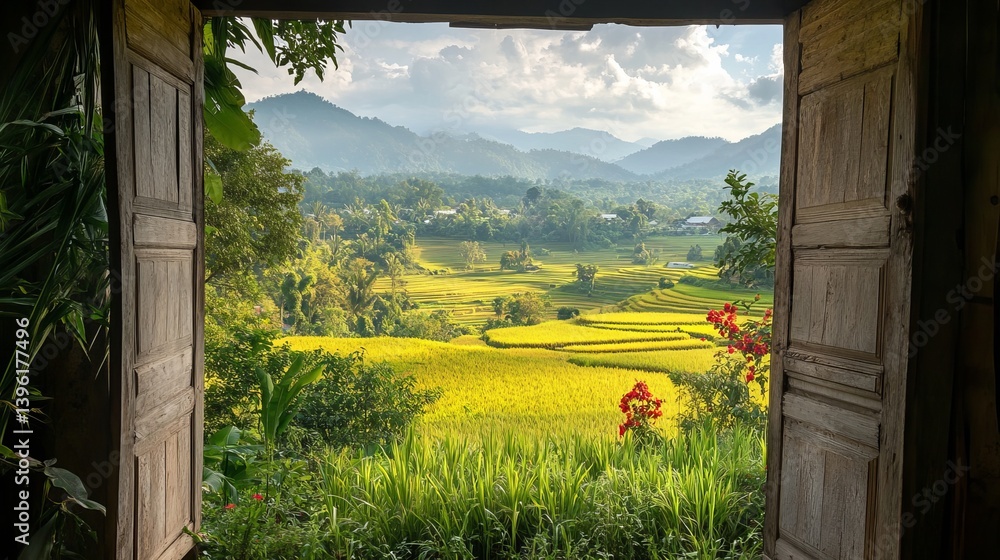 Fototapeta premium View of rice terraces through an open wooden door with plants and distant mountains in the background