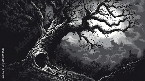 Eerie tree with hollowed mouth gothic illustration in moonlight high contrast haunting atmosphere. Hollow Engravings. Illustration
