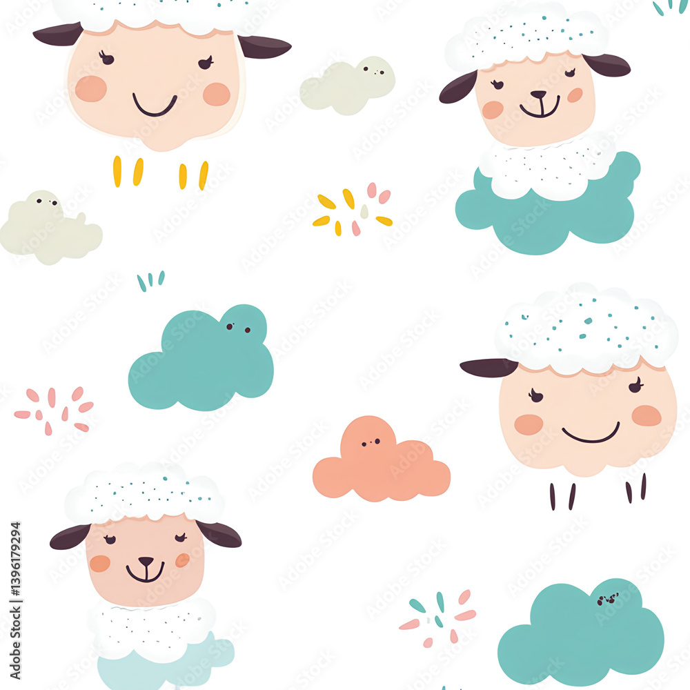 a wonderful children's wallpaper, very bright white background, comic style clouds and some cute very minimalistic animals, sheep a wonderful children's wallpaper, very bright white background, comic style clouds and some cute very minimalistic animals, sheep