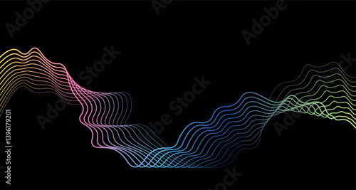 Futuristic geometric abstract shapes neon halftone pulsating wavy lines. Gradient sound wave on black background. Modern design for equalizer, audio recording, voice assistant. Vector