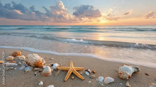 Golden starfish and seashells on soft sandy beach with gentle ocean waves and warm light of peaceful sunrise