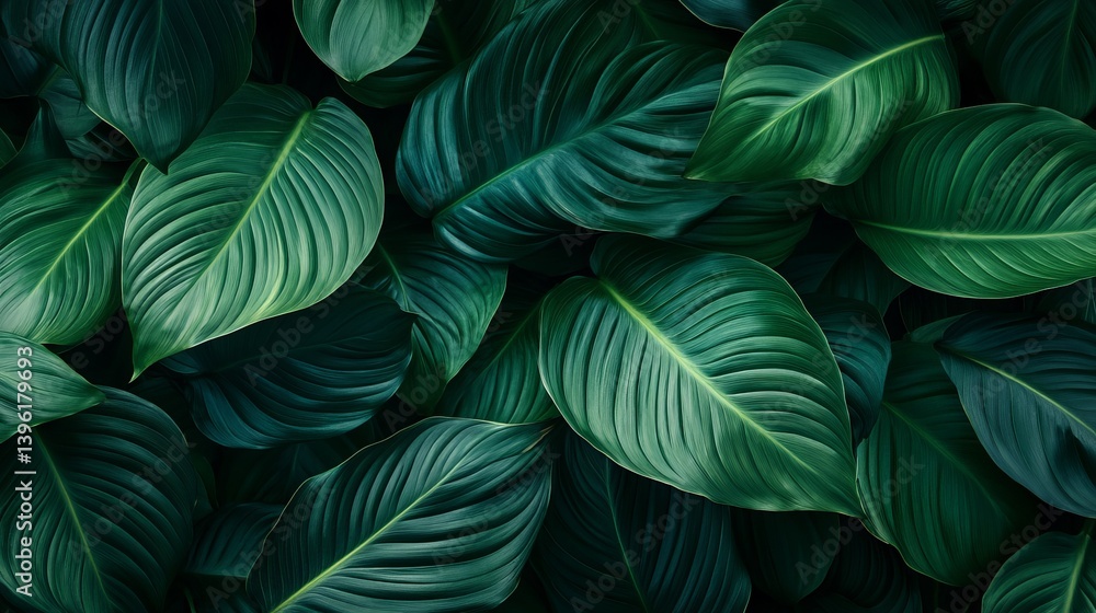 Close up of many dark green leaves filling the frame with prominent leaf veins and texture details Close up of many dark green leaves filling the frame with prominent leaf veins and texture details