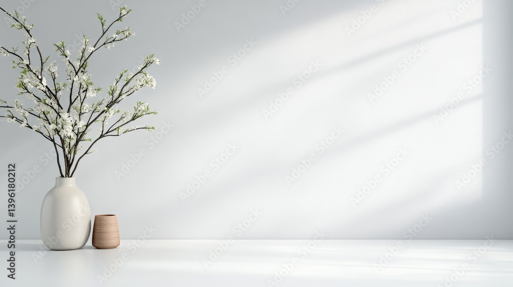A white ceramic vase with delicate branches in minimalist interior, sunlight streaming through window, creating soft shadows, and serene and elegant composition. A white ceramic vase with delicate branches in minimalist interior, sunlight streaming through window, creating soft shadows, and serene and elegant composition.