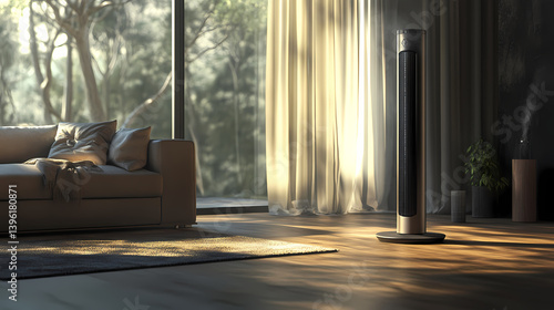 Wallpaper Mural A modern tower fan standing in the corner of a stylish living room, with soft wind ruffling curtains nearby. Rune-etched Blade. Illustration Torontodigital.ca