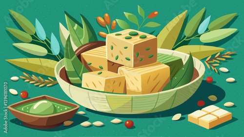 Two blocks of firm tofu in a bowl. Meat substitute made from soy beans. Healthy vegan protein source.