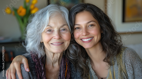 Elderly mother and her adult daughter smiling together indoors