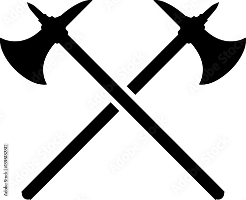 Crossed Battle Axes Icon , Black and White Viking Weapon Vector