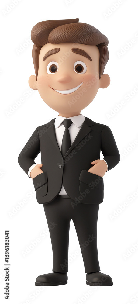 3d illustration of smiling cartoon man in black suit with hands in pockets on transparent background 3d illustration of smiling cartoon man in black suit with hands in pockets on transparent background