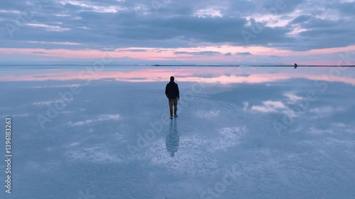 Man Walking Across Reflective Salt Flat at Sunrise in Salar de Uyuni, Bolivia