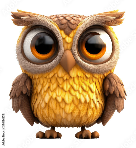 Cute cartoon owl with large eyes and yellow feathers on transparent background