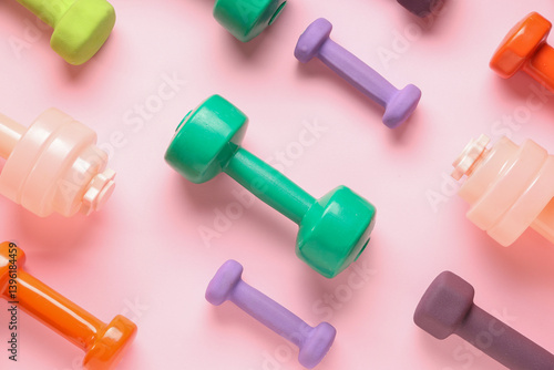 Composition with different dumbbells on pink background