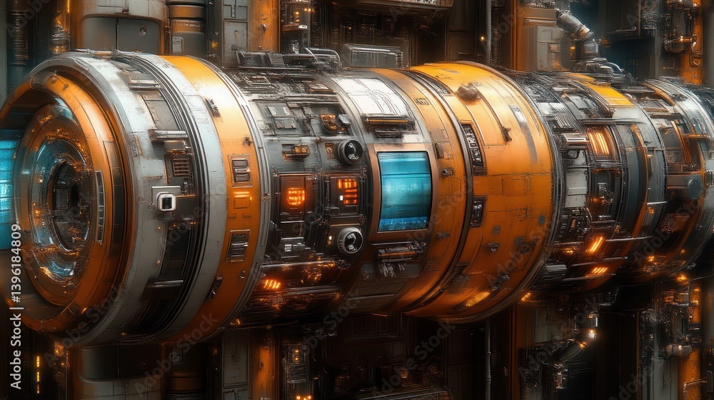Fototapeta premium Futuristic Industrial Machinery HighTech Cylindrical Components in a Complex Factory Setting