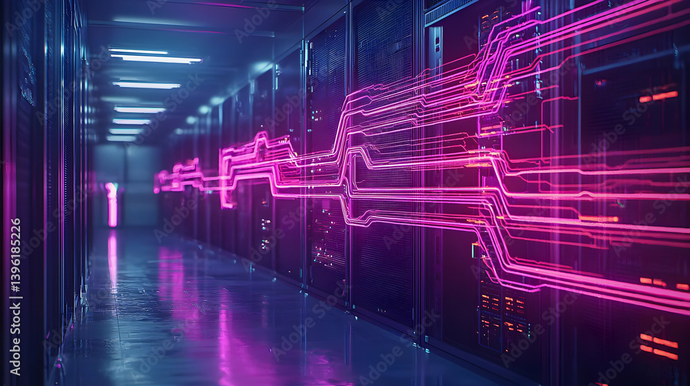 Futuristic Server Room With Glowing Pink And Purple Lines
