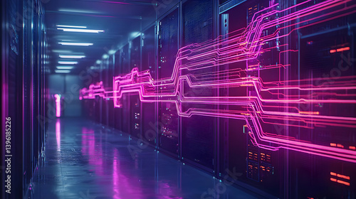 Obraz na płótnie Futuristic Server Room With Glowing Pink And Purple Lines w salonie