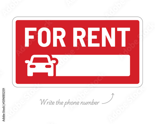 Car for Rent Sign – Bold Red Background with Minimalist White Text and Vehicle Icon – High Quality Vectorial Stock Image