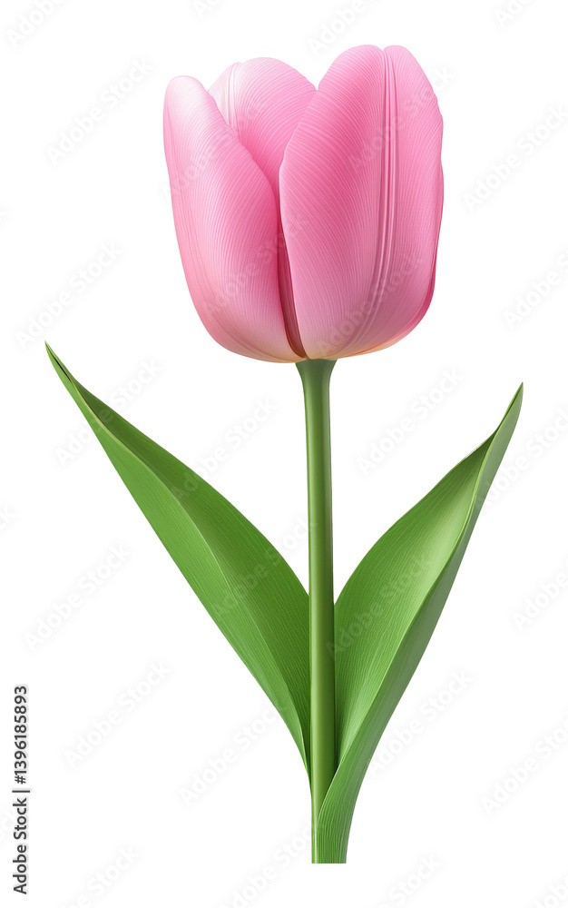 Pink tulip with green leaves against a transparent background, realistic illustration Pink tulip with green leaves against a transparent background, realistic illustration
