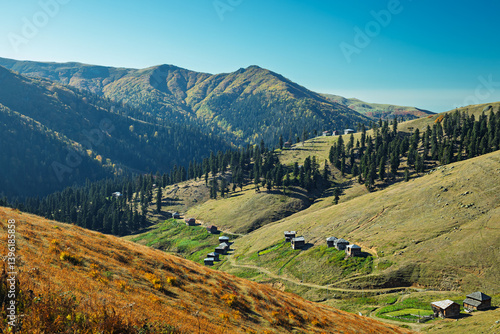Obraz na płótnie Scenic highland village in Gomis Mta, Georgia, with rustic wooden houses and autumn hues. w salonie