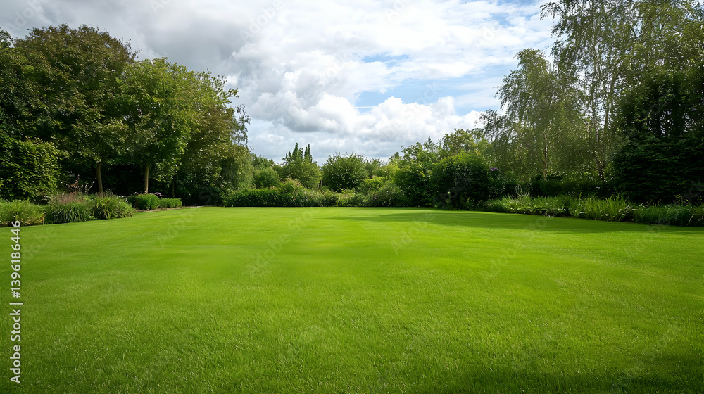 Well Maintained Green Lawn With Trees And Clouds Well Maintained Green Lawn With Trees And Clouds