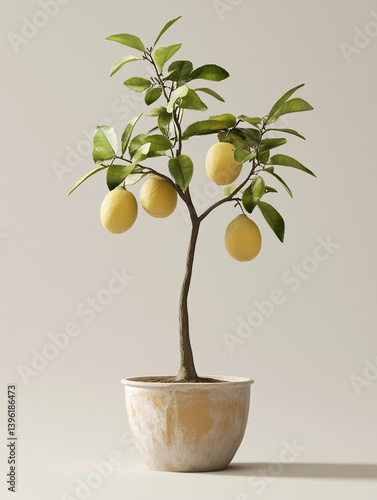 Small lemon tree growing in a pot with ripe yellow lemons