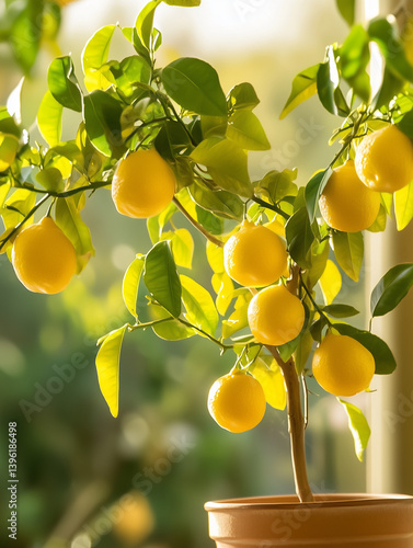 Obraz na płótnie Potted lemon tree growing fresh yellow lemons in sunlight w salonie