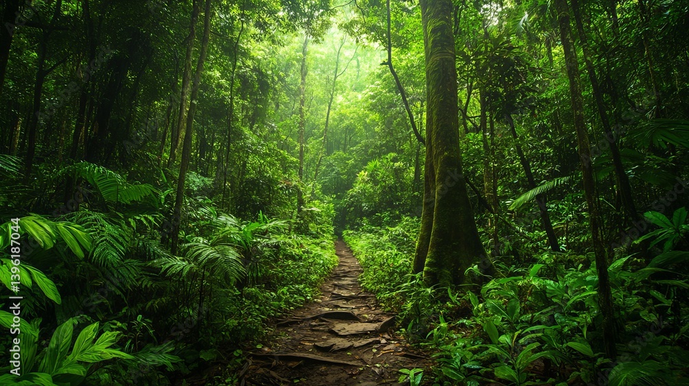 Fototapeta premium Lush green forest path with dense vegetation and tall trees under a bright sky creating a serene scene