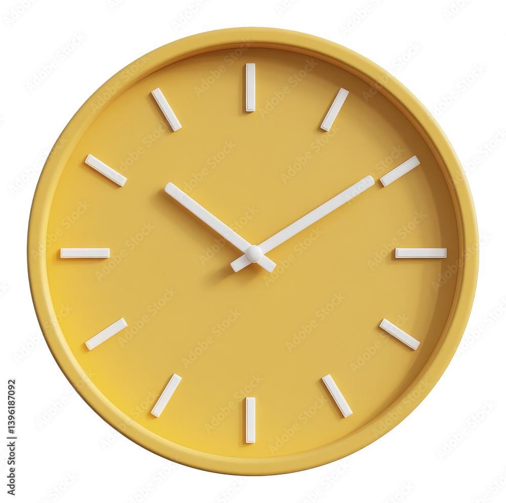Yellow wall clock with minimalist design and white hands on transparent background, 3d illustration Yellow wall clock with minimalist design and white hands on transparent background, 3d illustration