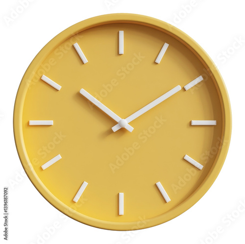 Yellow wall clock with minimalist design and white hands on transparent background, 3d illustration