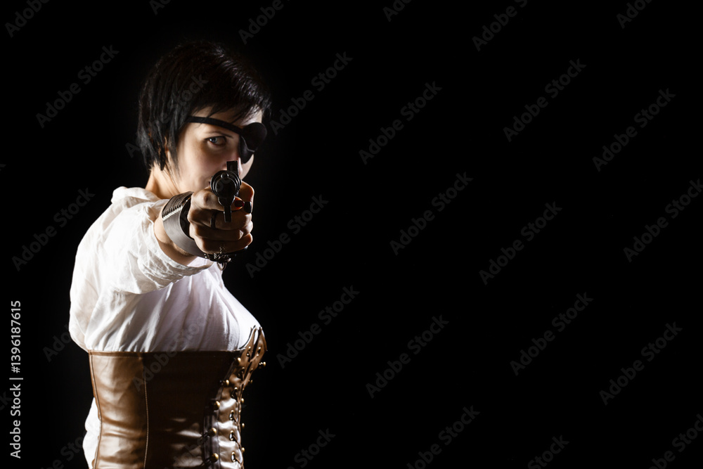 Woman pirate girl with ancient pistol in hands, short hair and eye patch aiming at the camera against black background. Dramatic light. Free space