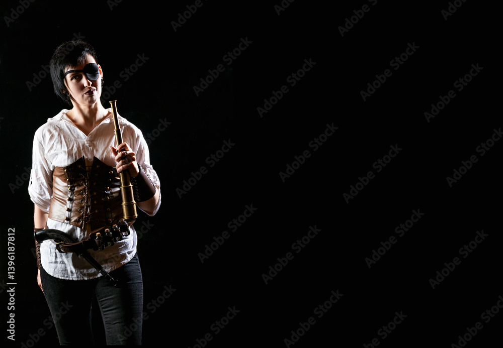 Woman pirate girl holding vintage spyglass with short hair, pistol and eye patch in white shirt on a black background. Dramatic light. Free space
