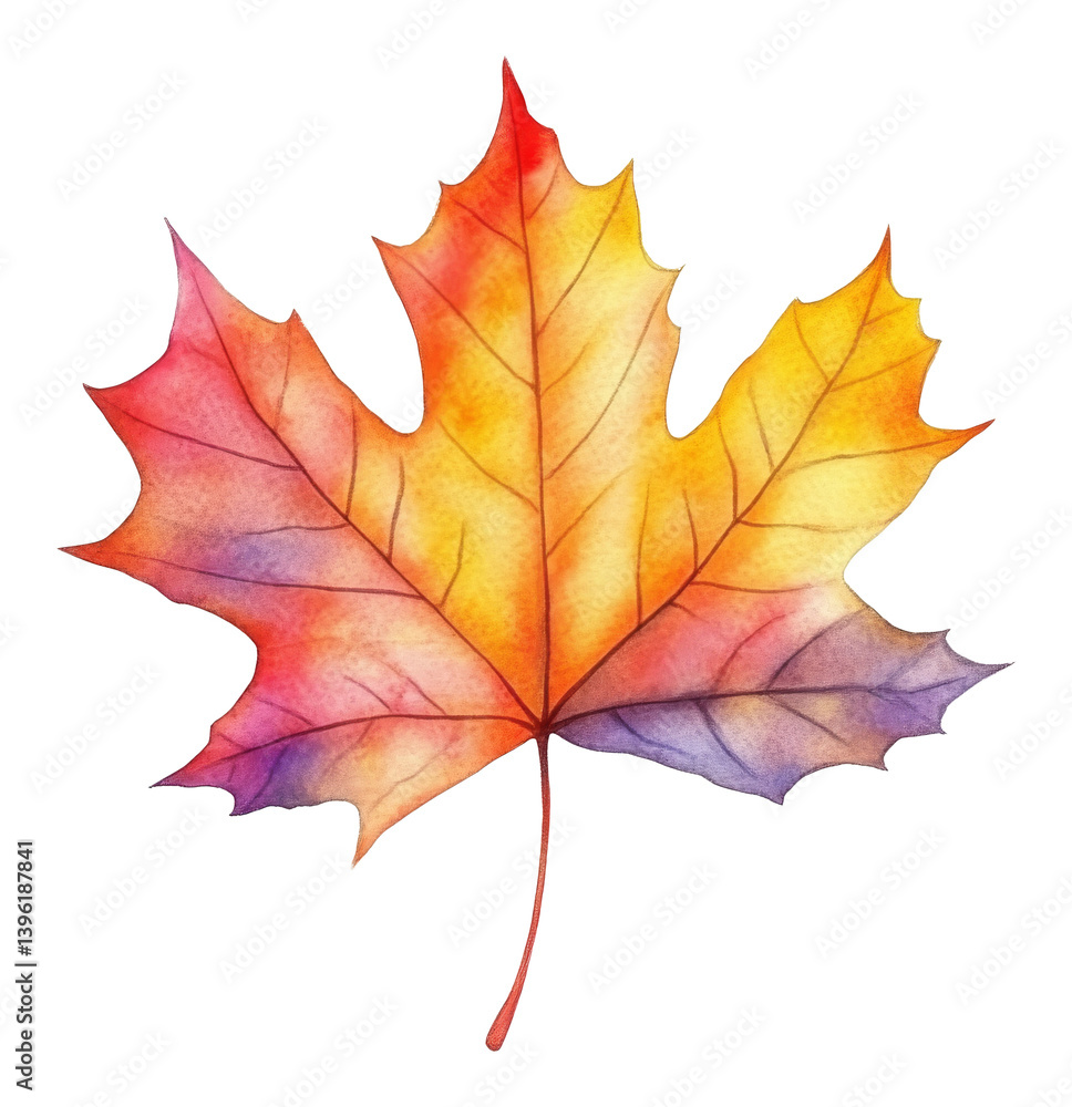 Vibrant autumn maple leaf with multicolored gradient on transparent background, watercolor illustration Vibrant autumn maple leaf with multicolored gradient on transparent background, watercolor illustration