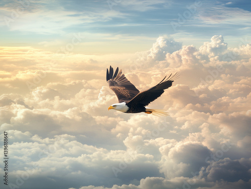 Majestic bald eagle soaring above the clouds at sunset
