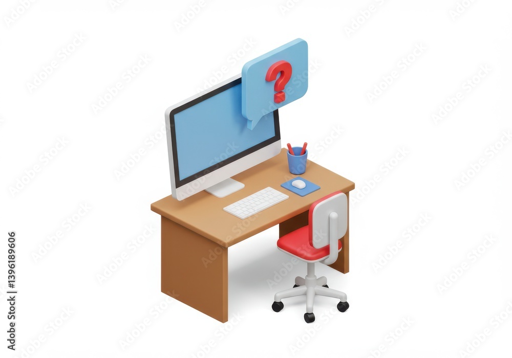 Computer desk setup with question mark speech bubble icon Computer desk setup with question mark speech bubble icon