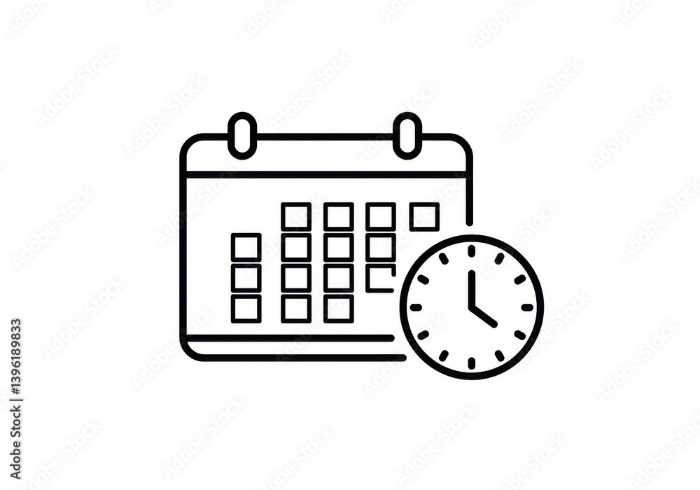 Outline drawing of calendar and clock on a white space Outline drawing of calendar and clock on a white space