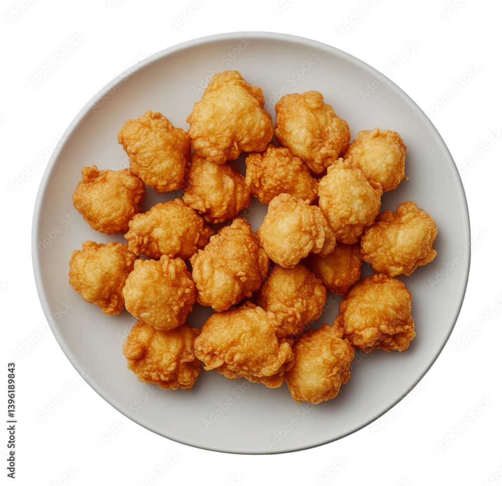 Golden fried chicken popcorn on a white plate, top view food concept Golden fried chicken popcorn on a white plate, top view food concept