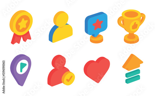 Colorful 3d icons set: achievement, user, trophy, location, heart, more