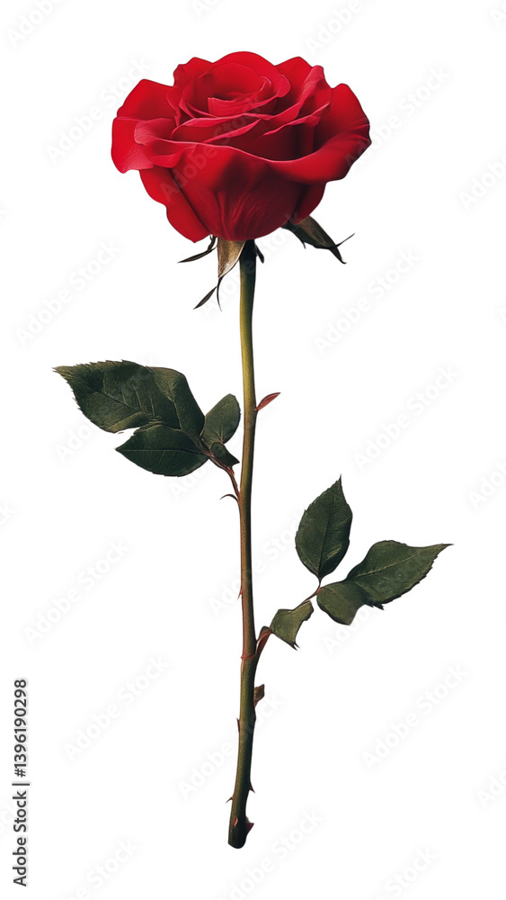 Single red rose with green leaves on transparent background, symbol of love Single red rose with green leaves on transparent background, symbol of love