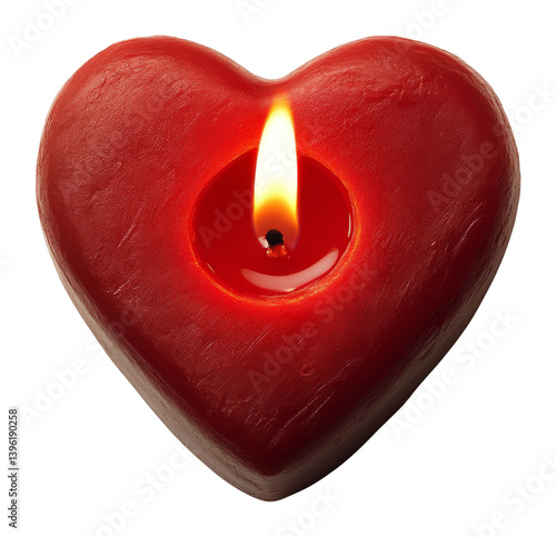 Heart-shaped red candle with a burning flame on a transparent background, symbolizing love and warmth