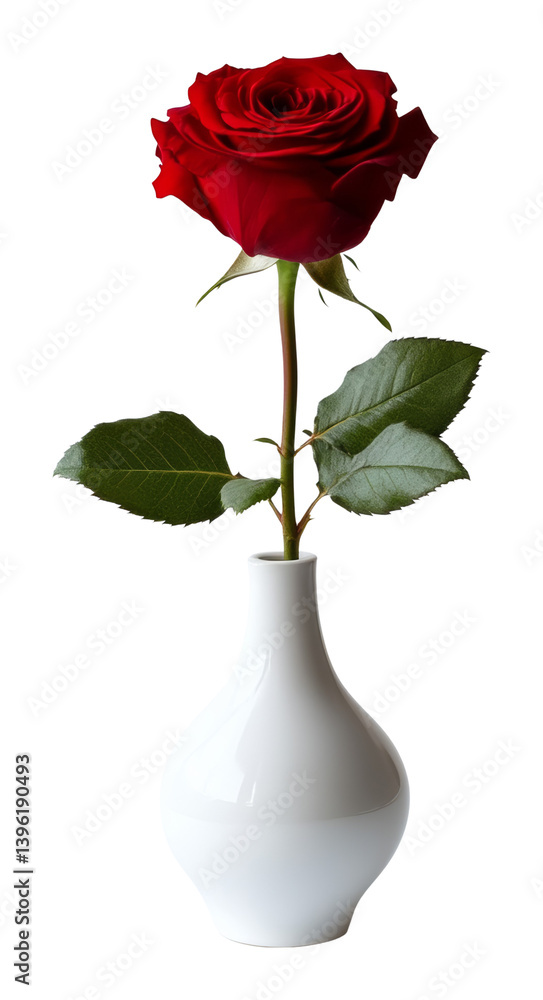 Fototapeta premium Single red rose in a white vase with green leaves on transparent background