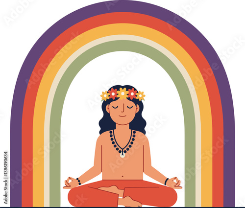 A serene figure meditating in front of a vibrant rainbow arch in flat vector art
