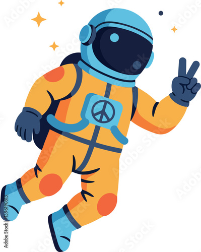 A cheerful astronaut in a vibrant orange suit performing a peace sign in space, flat vector art