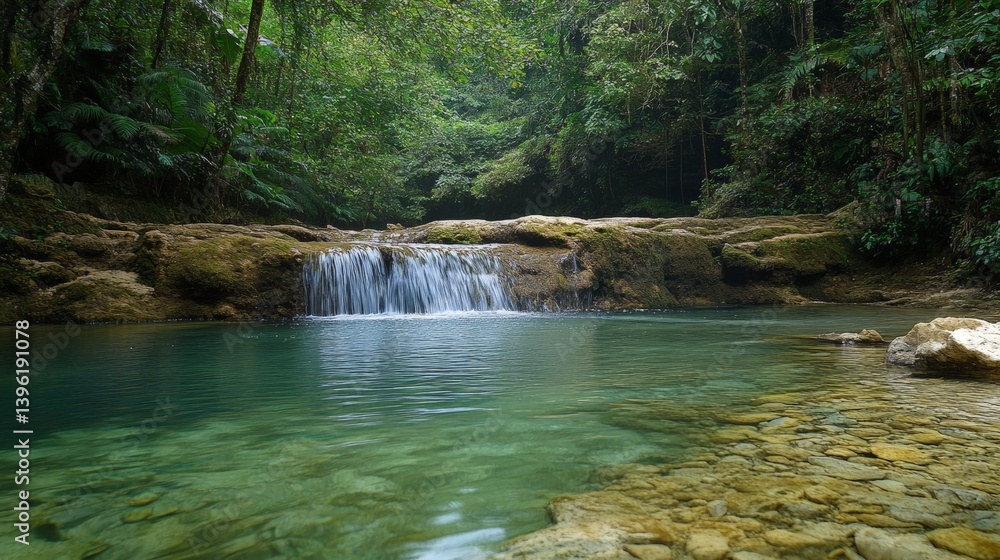 Naklejka premium Lush jungle waterfall cascading into a tranquil pool.