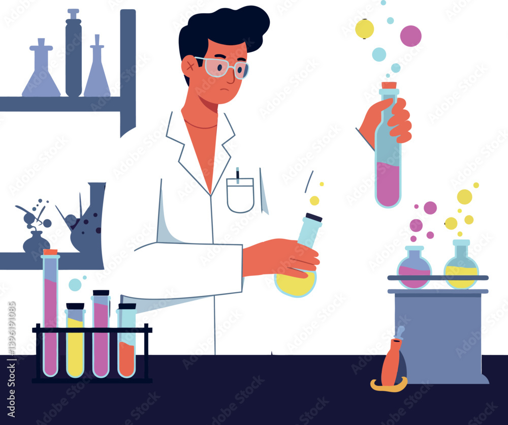 Scientist in a lab mixing colorful liquids in glassware, flat vector illustration Scientist in a lab mixing colorful liquids in glassware, flat vector illustration