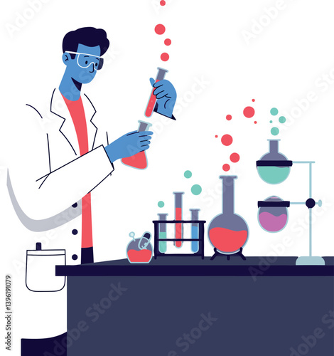 Scientist conducting experiments with colorful liquids in a flat vector illustration