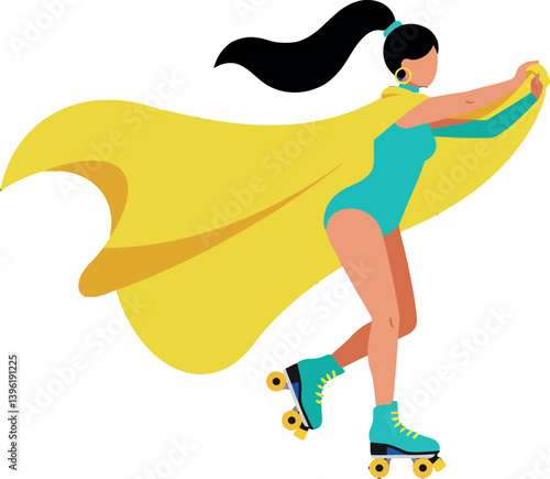 A confident woman on roller skates wearing a yellow cape in flat vector illustration