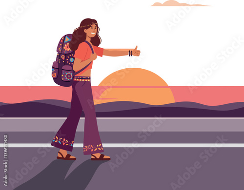 Young woman hitchhiking with a colorful backpack during sunset in flat vector art