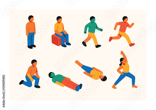 Set of 3d fitness icons: people exercising in various poses for health and wellness